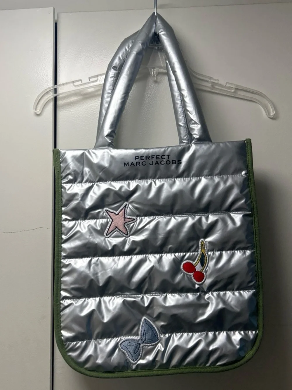 Marc Jacobs Silver Quilted Tote with Green Trim and Patch Accents